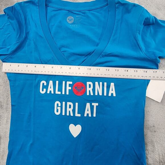 NEW Roxy Top Womens S Blue California Girl at Heart Deep V-Neck Short Sleeve Tee - Picture 7 of 9